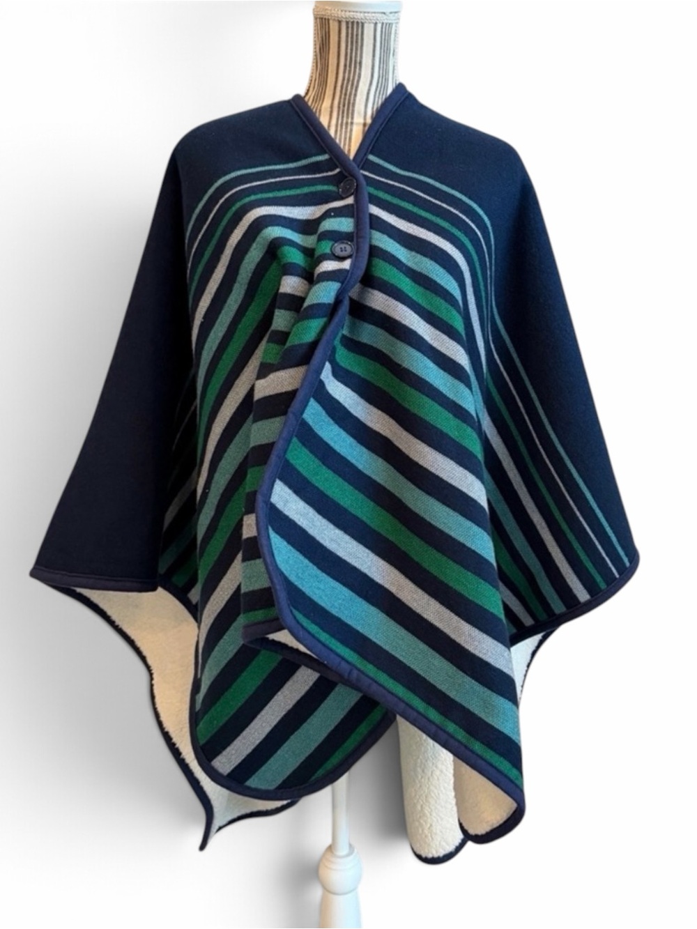 Lands' End Reversible Striped Sherpa Wrap Poncho Cape NWT One Size